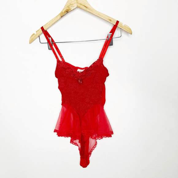 VTG 80s VERONIQUE semi sheer lace mesh teddy red sissy beaded Lingerie womens S - Picture 2 of 9
